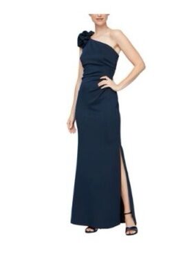 SLNY Navy One-Shoulder Evening Gown